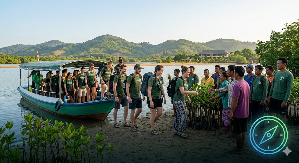 Group arriving by boat to join a sustainability initiative and mangrove restoration effort
