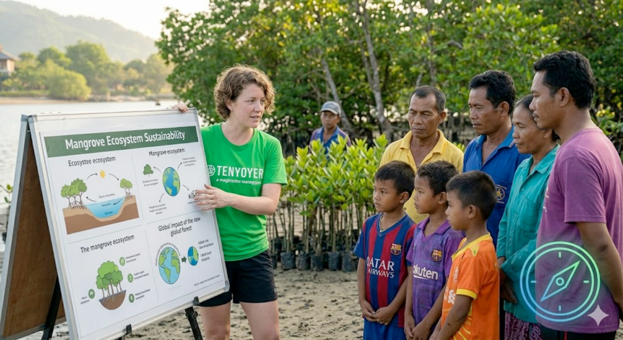 Environmental educator teaching a local group about mangrove ecosystem sustainability