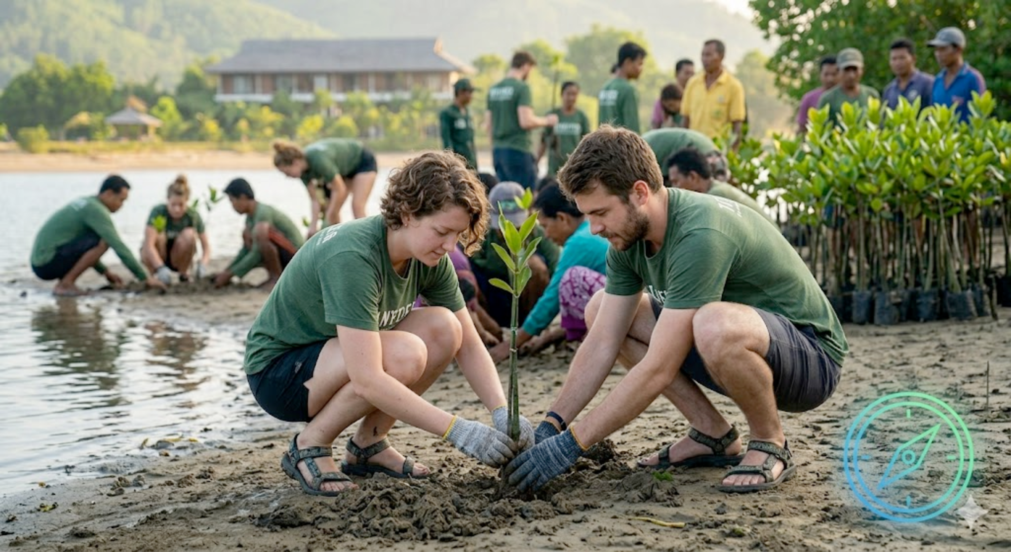 Volunteers planting a young tree together on a shoreline restoration site